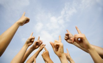 Group of People Pointing at Sky, Close-up
